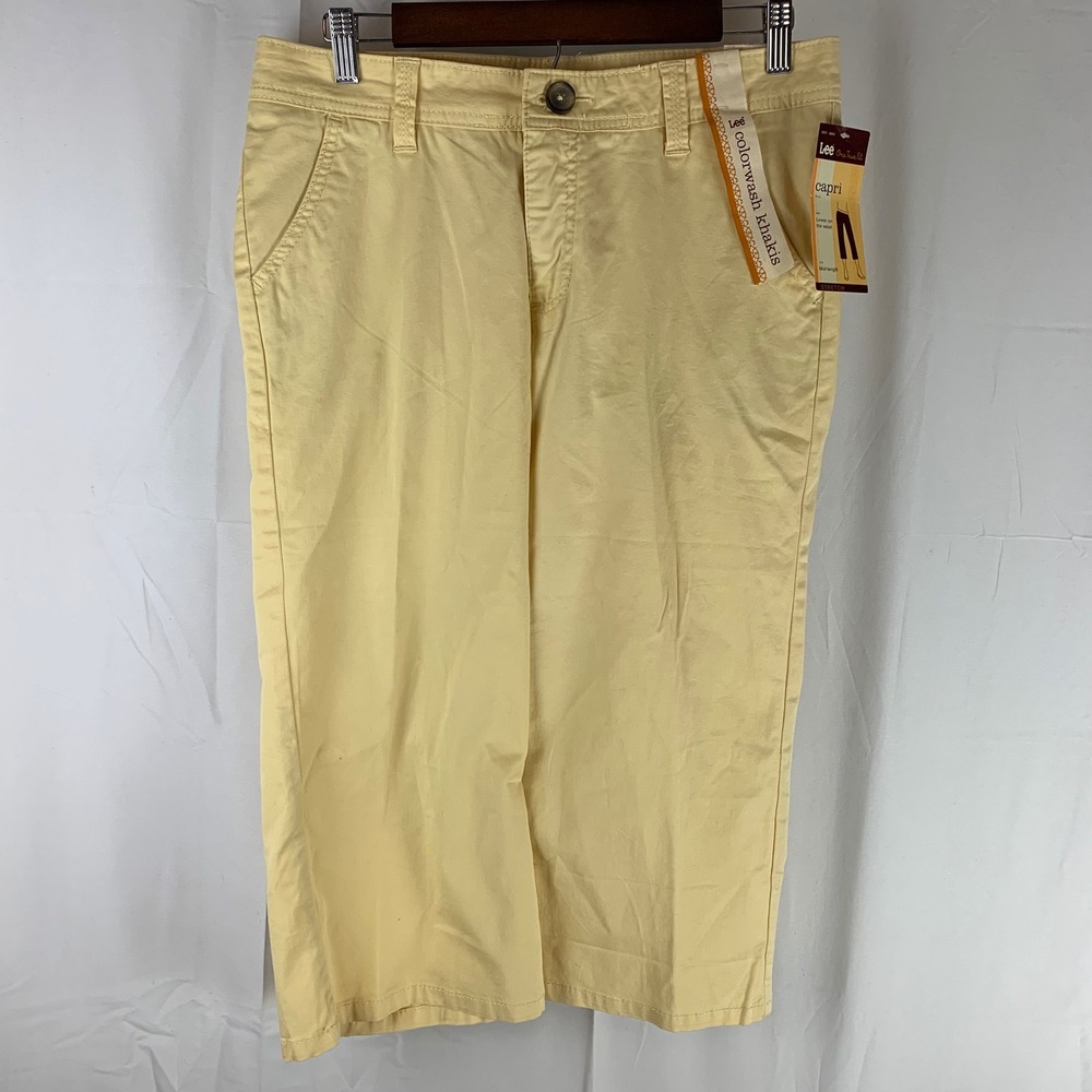 VTG Lee Capri Pants Women 10 Petite Yellow One True Fit Stretch Colorwash Khakis